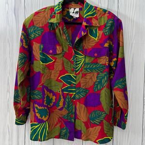Vintage Diane Gilman Silk Shirt Sz Medium Leaf Funky Retro Print  Long Sleeve